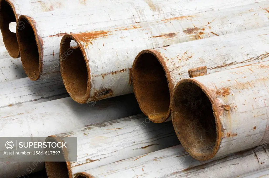 Close-up of rusted Steel Pipes, Laval, Quebec, Canada