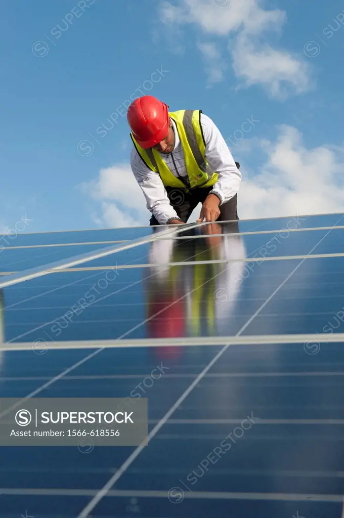 Construction of solar panels for production of renewable electrical energy in the site of ´Puits Castan´ old mine, Villaniere Aude Languedoc-Roussillo...