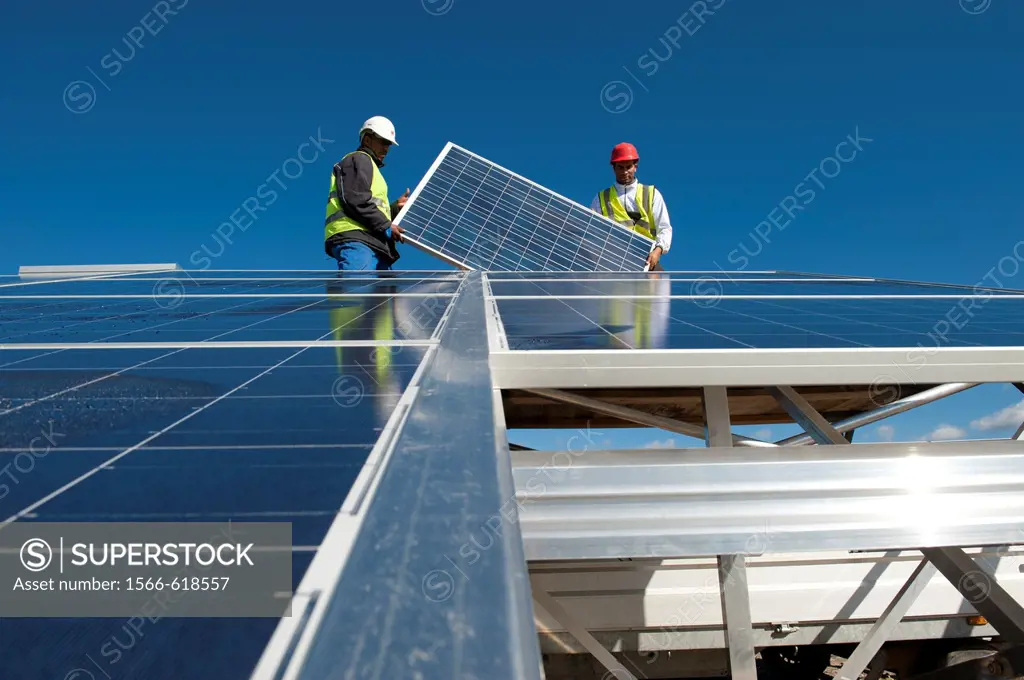 Construction of solar panels for production of renewable electrical energy in the site of ´Puits Castan´ old mine, Villaniere Aude Languedoc-Roussillo...