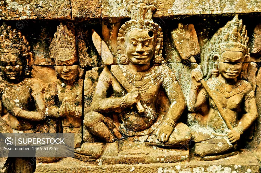 Cambodia, Siem Reap Province, Angkor site listed as World Heritage by UNESCO, bas relief detail of the terrace of the Leper King
