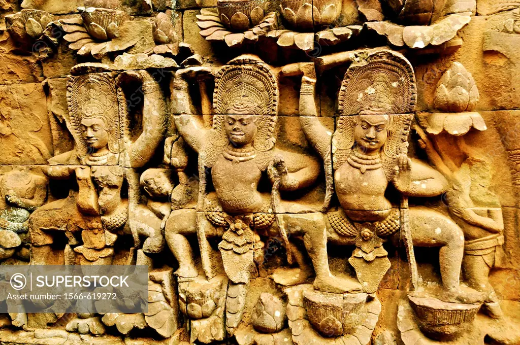 Cambodia, Siem Reap Province, Angkor site listed as World Heritage by UNESCO, bas relief detail of the terrace of the Leper King