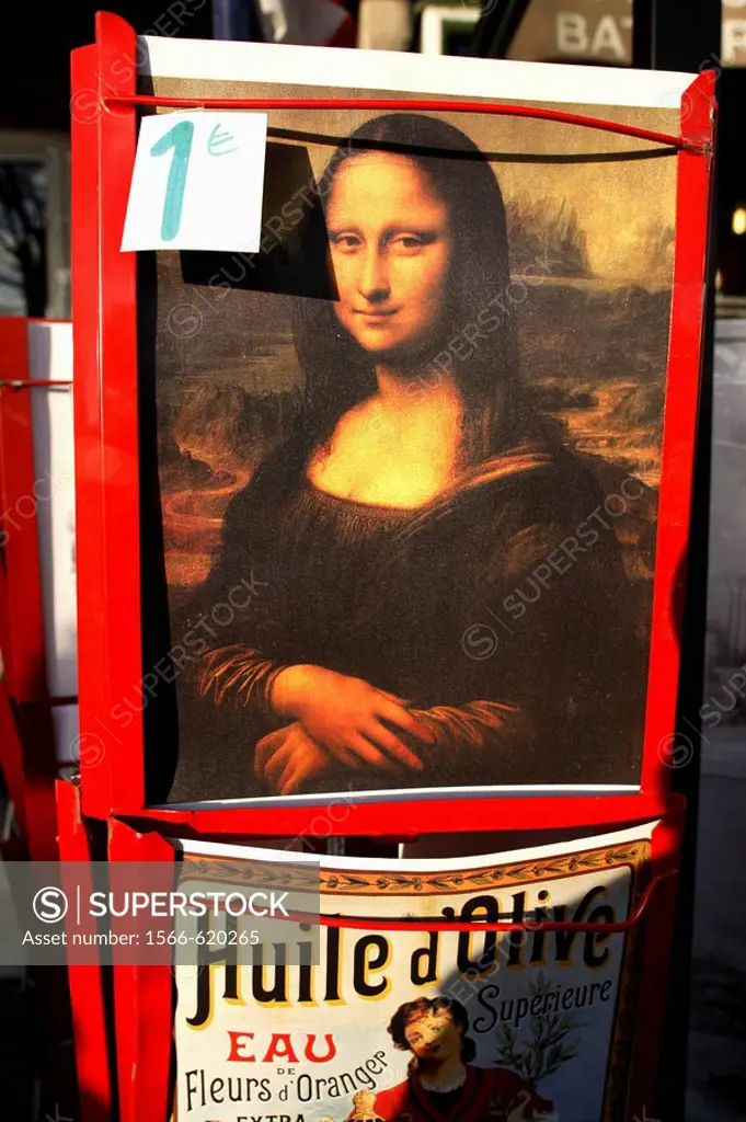 A Mona Lisa poster for sale for 1 euro in a street of Paris. France
