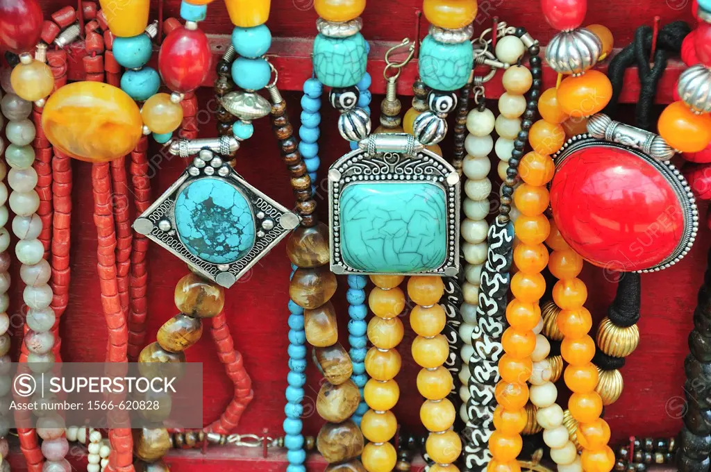 Traditional Tibetan accessories for sale on the street. Mcleod ganj, Dharamshala, Himachal Pradesh, India.