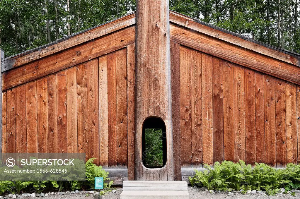 Wooden clan house, Alaska Native Heritage Center, Anchorage, Alaska, USA