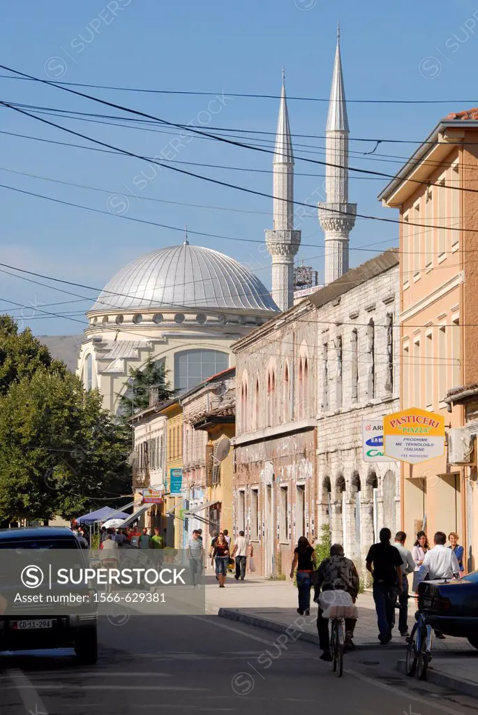 The view of the Abu Baker Al-Siddiq Mosque from the town centre of Shkoder, Albania