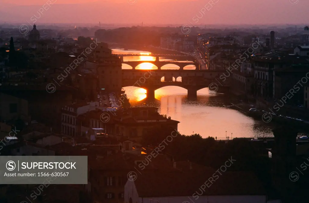 Sunset over the Arno river with bridges, Florence, Tuscany, Italy