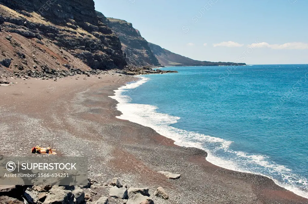 El Hierro, Canary Islands  The red black volcanic sand beach of the Playa del Verodal is the largest on the island