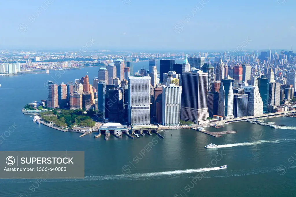 Aerial view of Battery Point, Financial district and East river, Lower Manhattan, New York city, USA