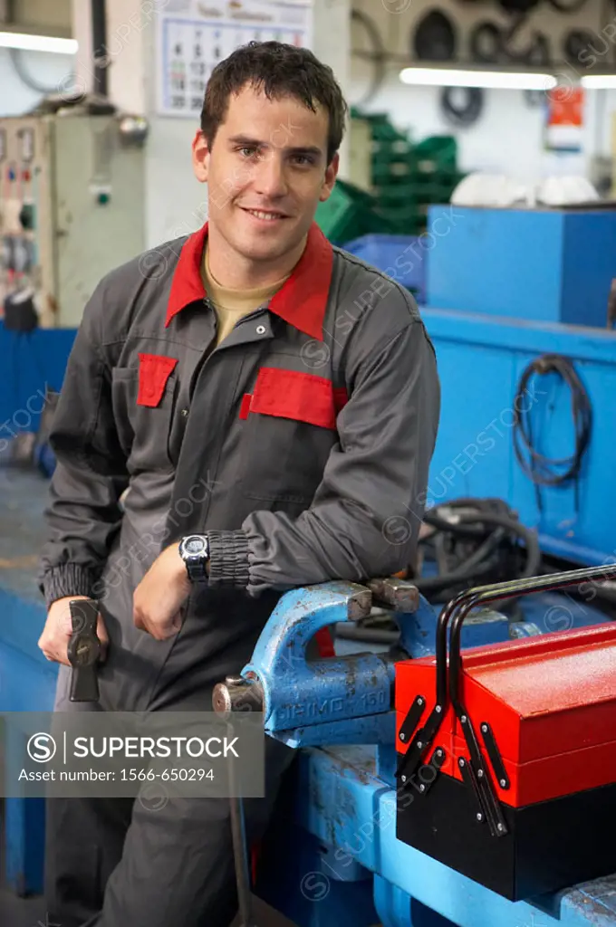Maintenance worker, vice and toolbox. Guipuzcoa, Euskadi, Spain