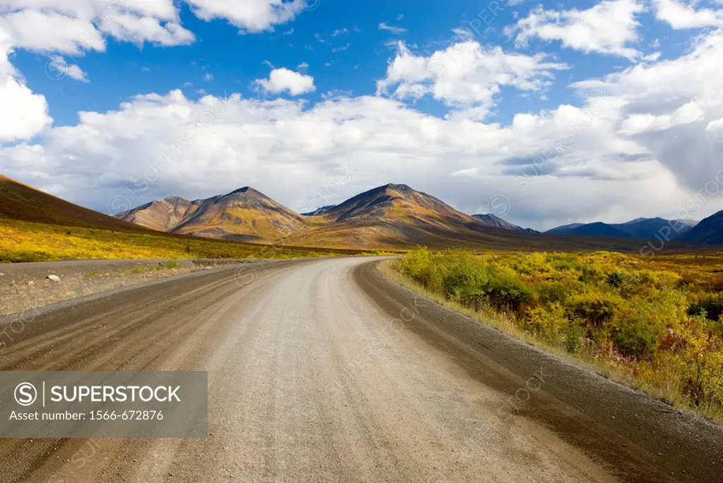 The Dempster Highway winding its way through the Ogilvie Mountains, Tombstone Territorial Park, Yukon, Canada