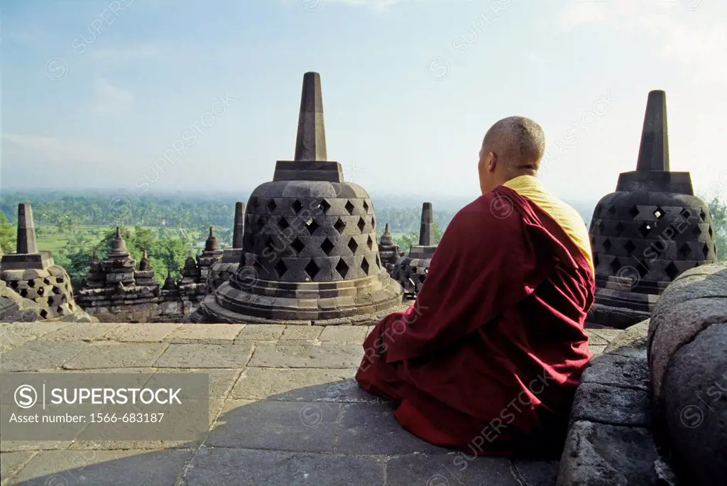 Buddhist monk at Borobodur Temple, Java island, Greater Sunda Islands, Republic of Indonesia, Southeast Asia and Oceania