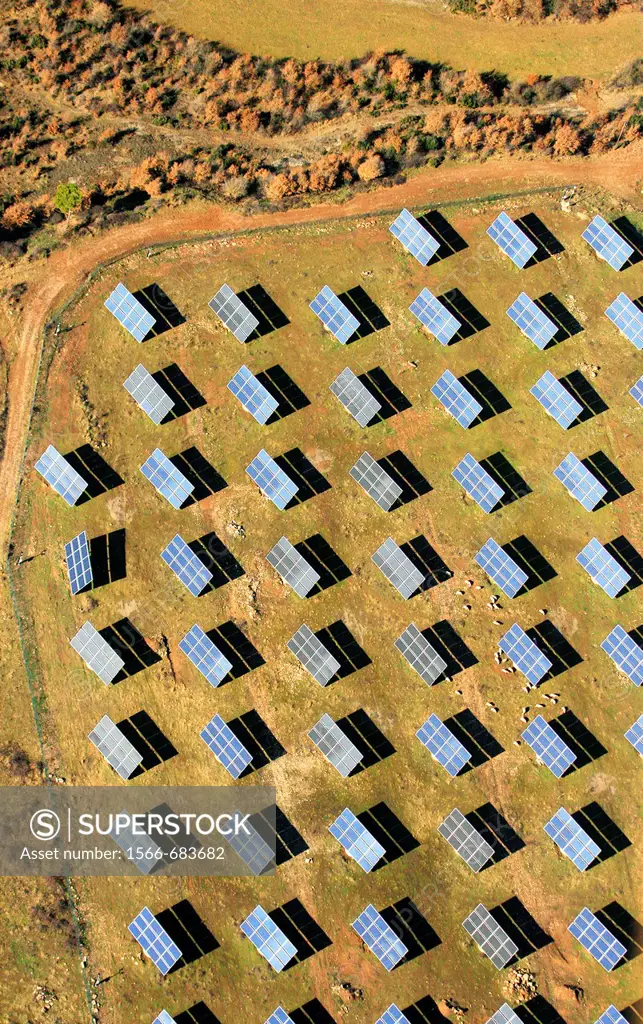 Photovoltaic solar panels, aerial view, Barcelona province  Catalonia  Spain