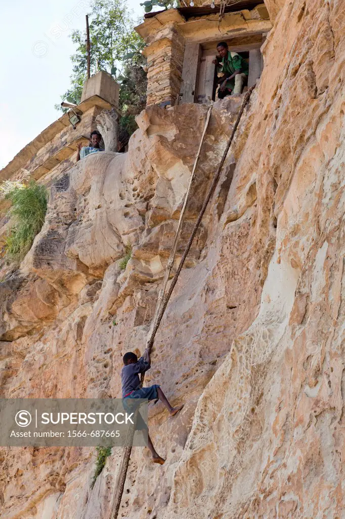 Debre Damo, climbing the vertical cliff, which is the only access to the monastery of Debre Damo  The monastery Debre Damo is one of the important rel...