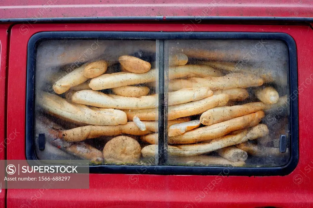 Bread baguettes in a van, Santoña, Cantabria, Spain