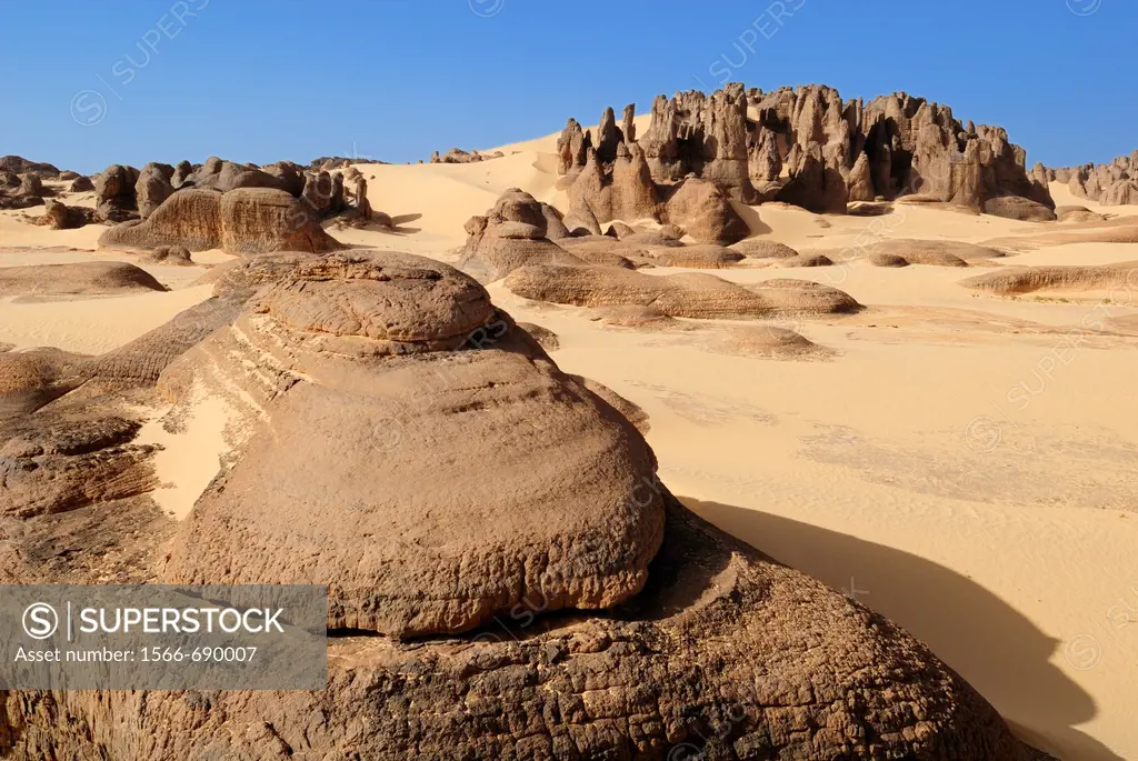 sandstone rock formation at Tin Akachaker, Tassili du Hoggar, Wilaya Tamanrasset, Algeria, Sahara desert, North Africa
