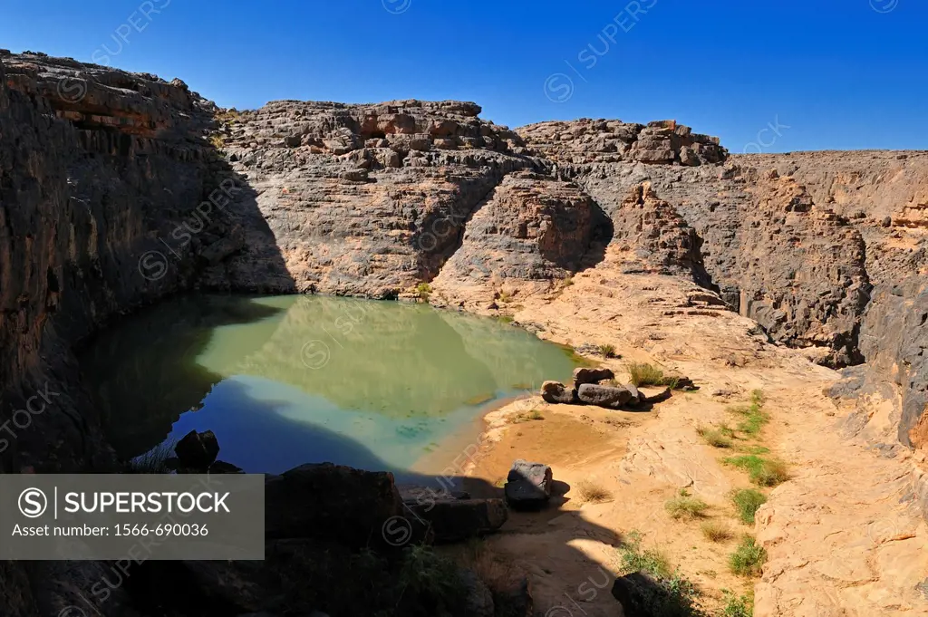 Guelta, waterhole at Dider Valley, Tassili n´ Ajjer National Park, Unesco World Heritage Site, Illizi Province, Algeria, Sahara, North Africa