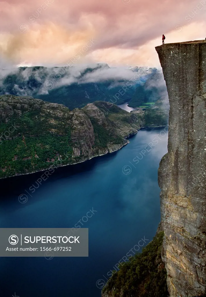 Preikestolen, Pulpit Rock, 600 meters over LyseFjord, Lyse Fjord, in Ryfylke district, Rogaland Region, It is the most popular hike in Stavanger area,...