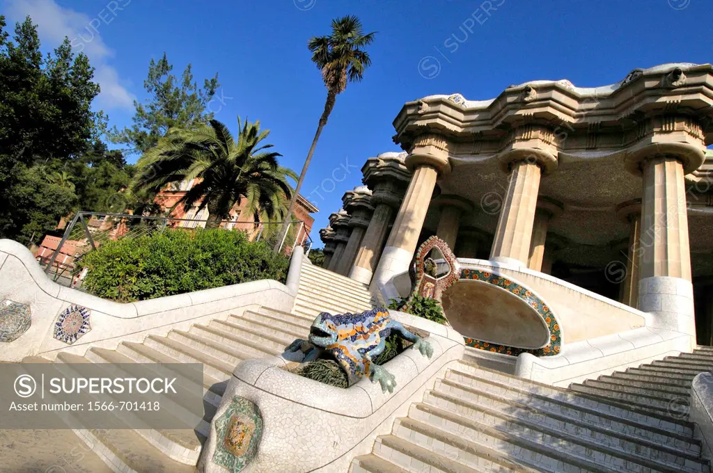 Park Güell, garden complex with architectural elements situated on the hill of El Carmel, designed by the Catalan architect Antoni Gaudí and built in ...