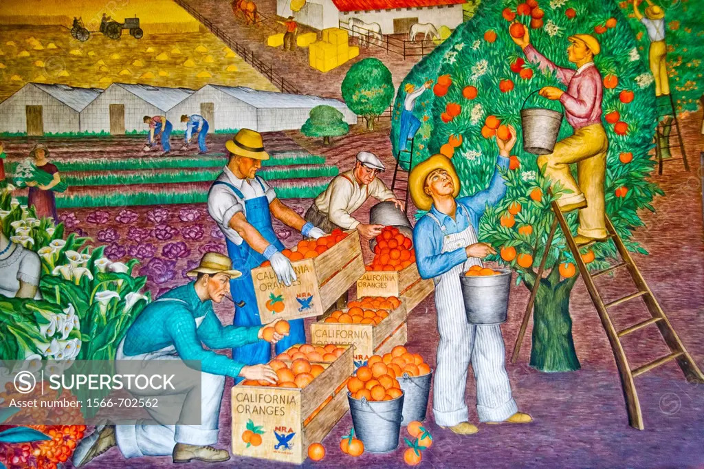 Created in 1934 by artist Maxine Albro, a fresco in the Social Realism artistic style entitled ´California Agriculture´ decorates the lobby of Coit To...