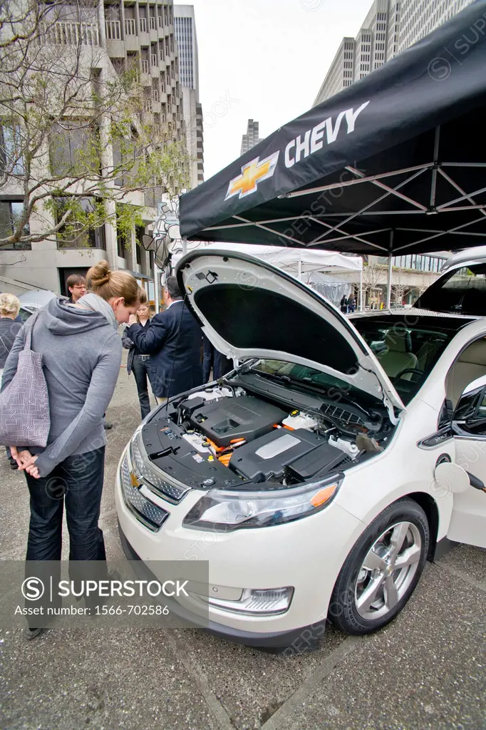 A Chevrolet Volt hybrid gas/electric car is on exhibit in Embarcadero Center in downtown San Francisco  It is the most fuel-efficient car with an inte...