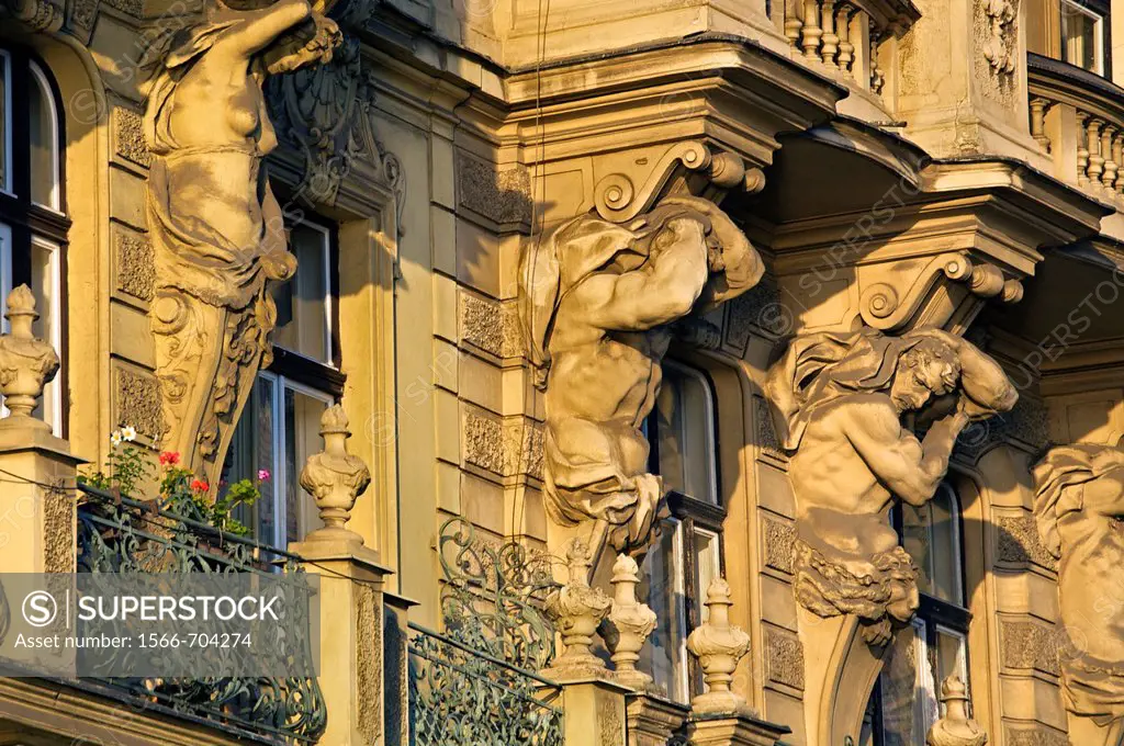 Art nouveau facades masarykovo nabrezi street , Prague, Czech Republic