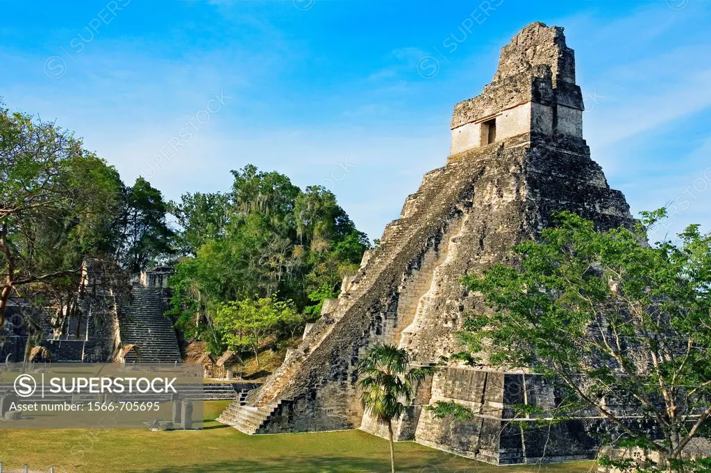 Great Plaza and Temple of the Giant Jaguar Temple I  Mayan ruins of Tikal  Guatemala