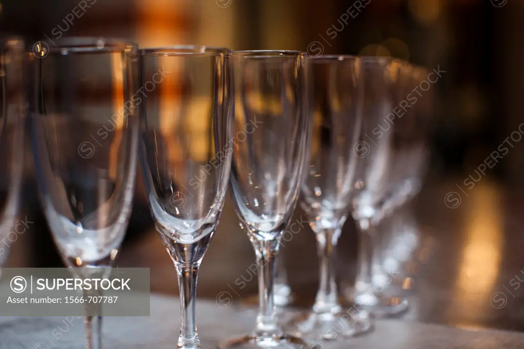 France, Marne, Champagne Ardenne, Reims, Pommery champagne winery, champagne glasses