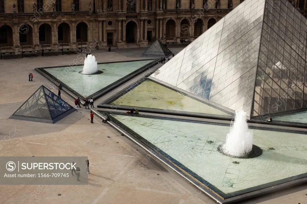 France, Paris, Musee du Louvre museum, elevated view of Louvre Pyramid courtyard