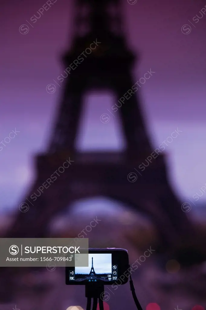 France, Paris, Eiffel Tower photographed with digital camera, dawn