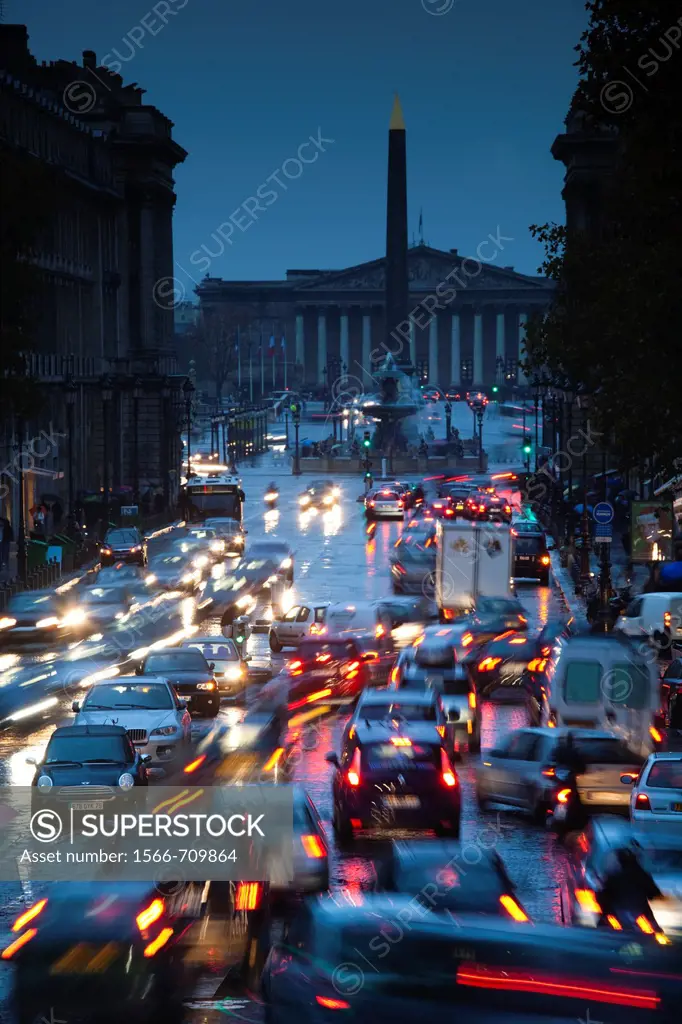 France, Paris, elevated view of evening traffic on rue Royale from Eglise Madeleine church
