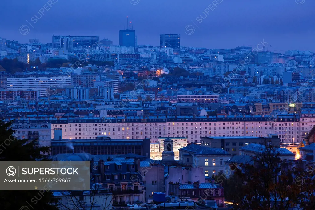 France, Paris, elevated dawn city view from the Place du Sacre Coeur, dawn