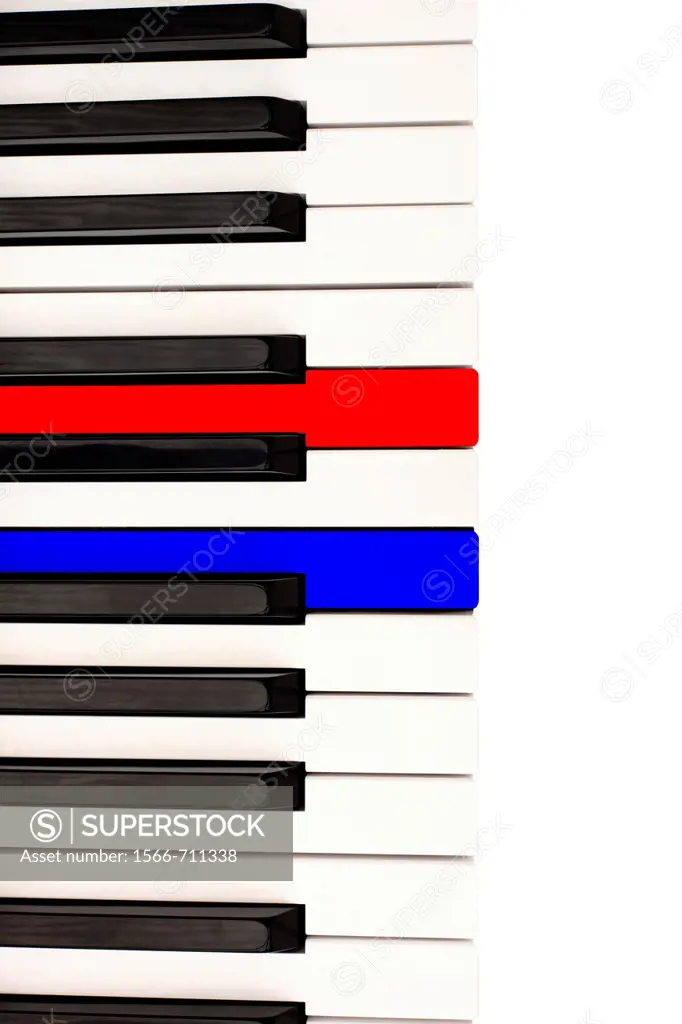 A piano keyboard with red, white and blue colored keys
