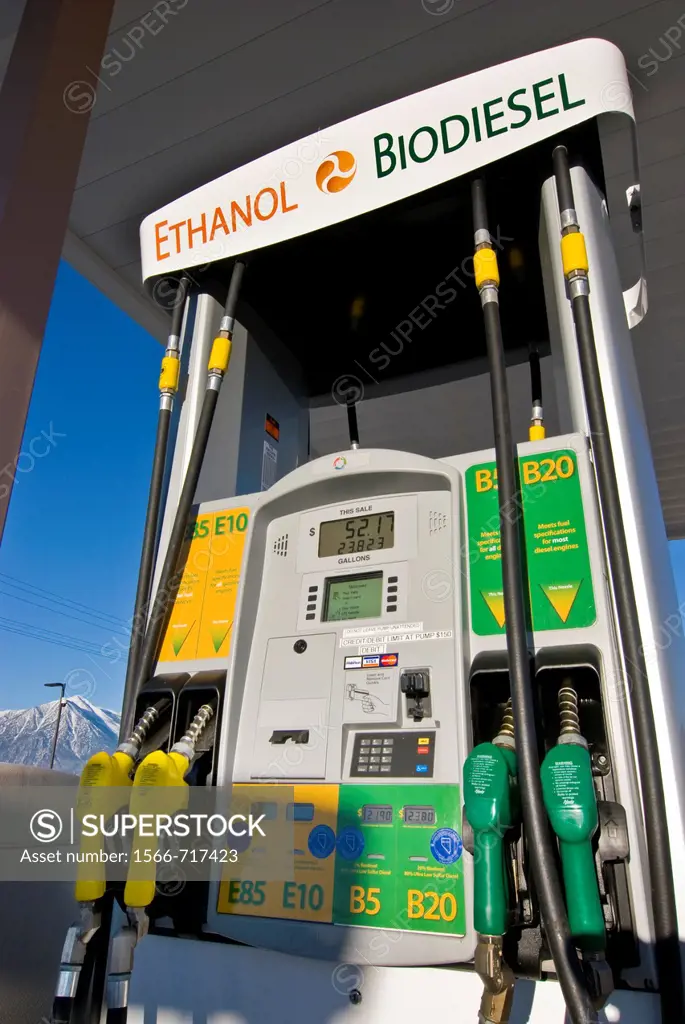 Biodiesel and Ethanol fuel pumps at retail fuel station, E85 & E10 ethanol, B5, B20 biodiesel, Minden Nevada