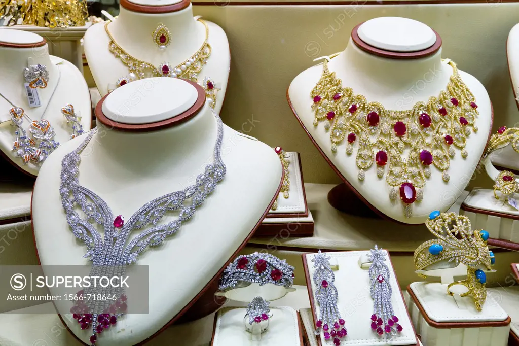 Closeup view of jewelry displayed in window boxes at the Gold Souq in Dubai, UAE