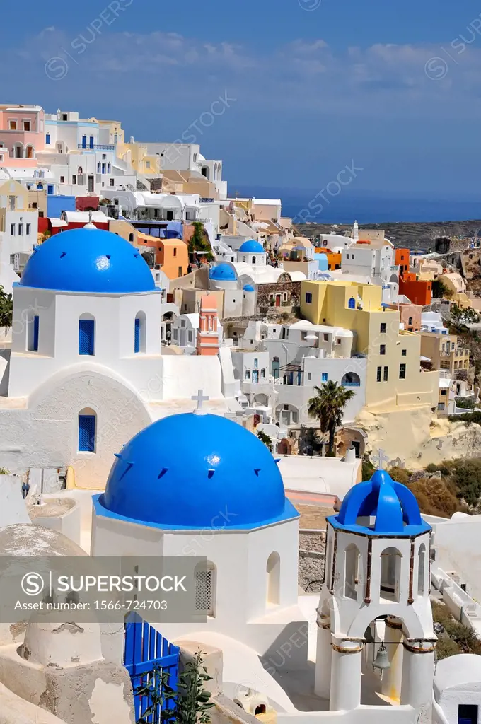 Blue dome whitewash buildings Oia Santorini Greece Island Mediterranean Cruise Aegean