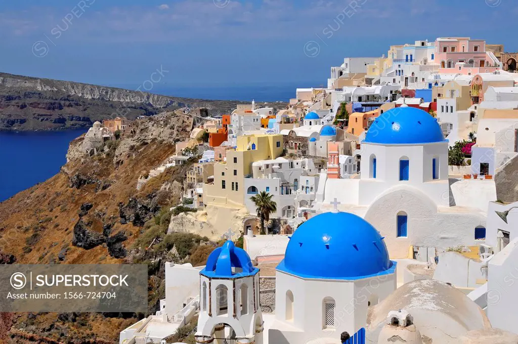 Blue dome whitewash buildings Oia Santorini Greece Island Mediterranean Cruise Aegean