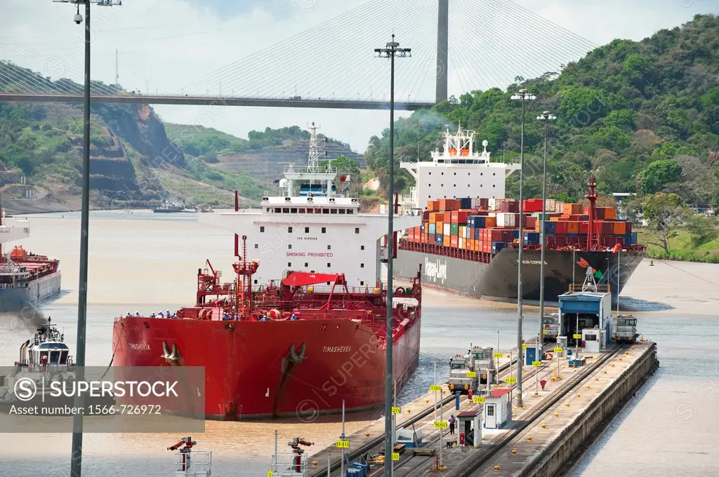Cargo ships arriving to Pedro Miguel Locks  Panama Canal, Panama City, Panama, Central America