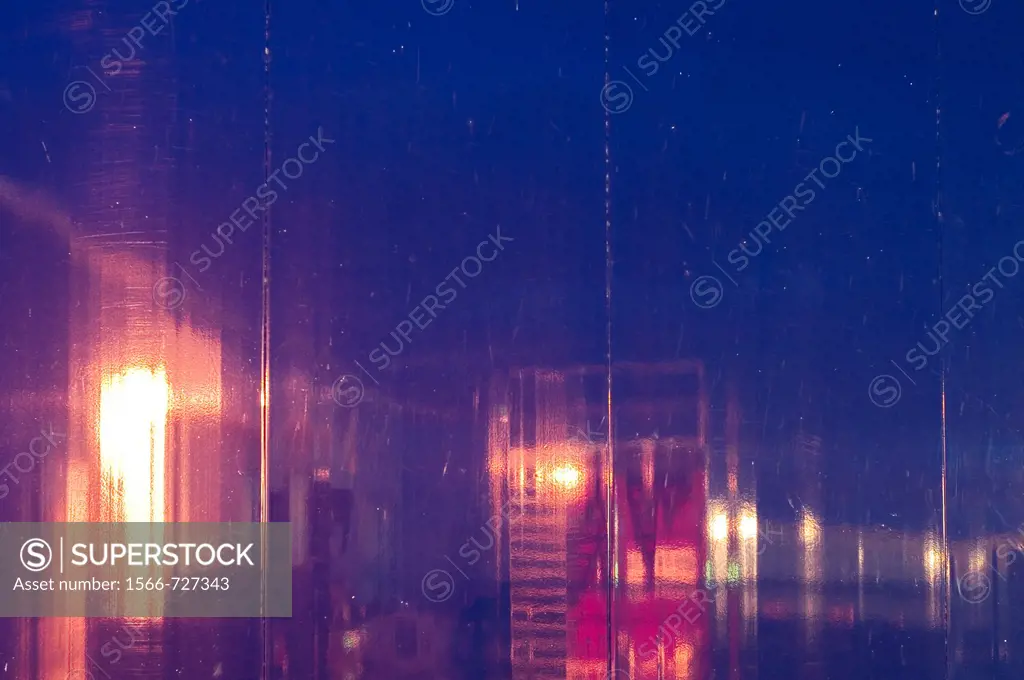 City lights reflected in side of shipping trailer  Sidney, British Columbia, Canada