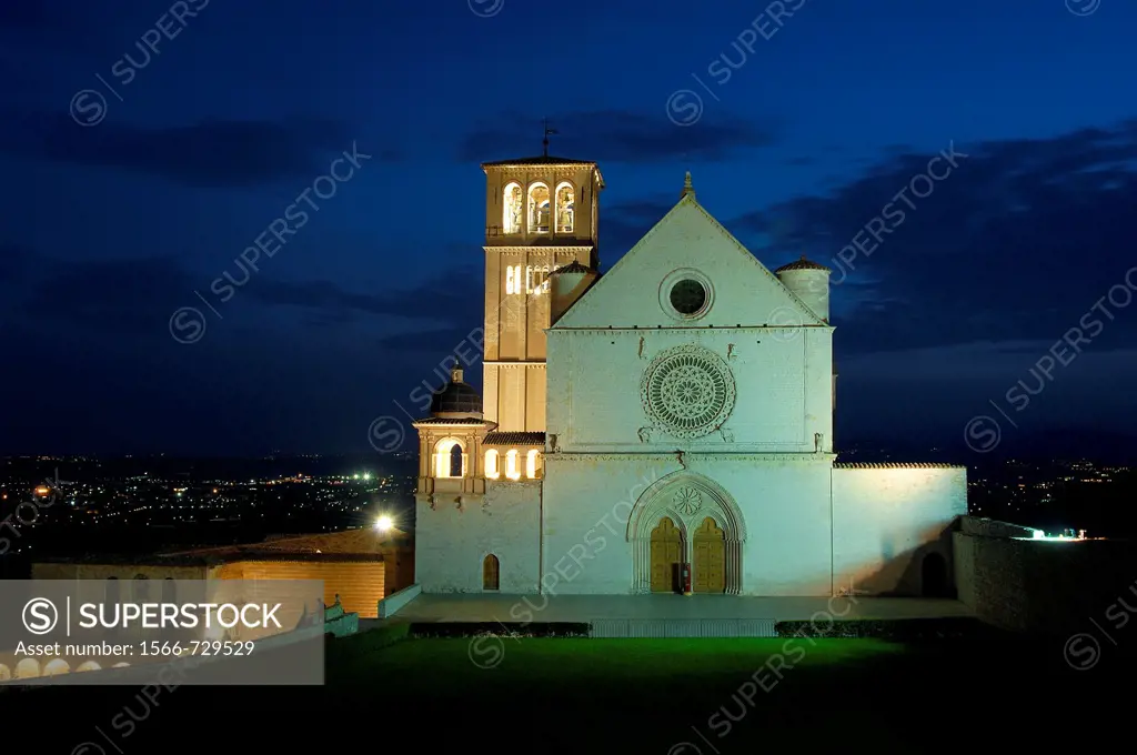Assisi, Basilica di San Francesco, Basilica of Saint Francis at Dusk, UNESCO World Heritage site, Perugia province, Umbria, Italy.