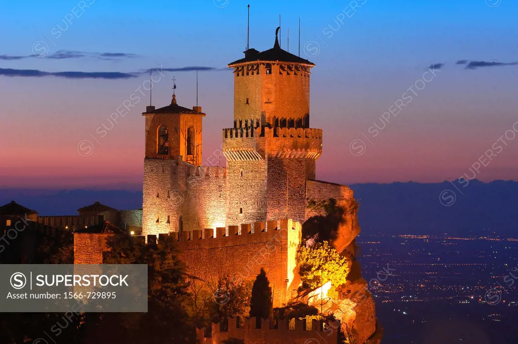 Rocca Guaita tower at dusk, Monte Titano, City of San Marino, Republic of San Marino