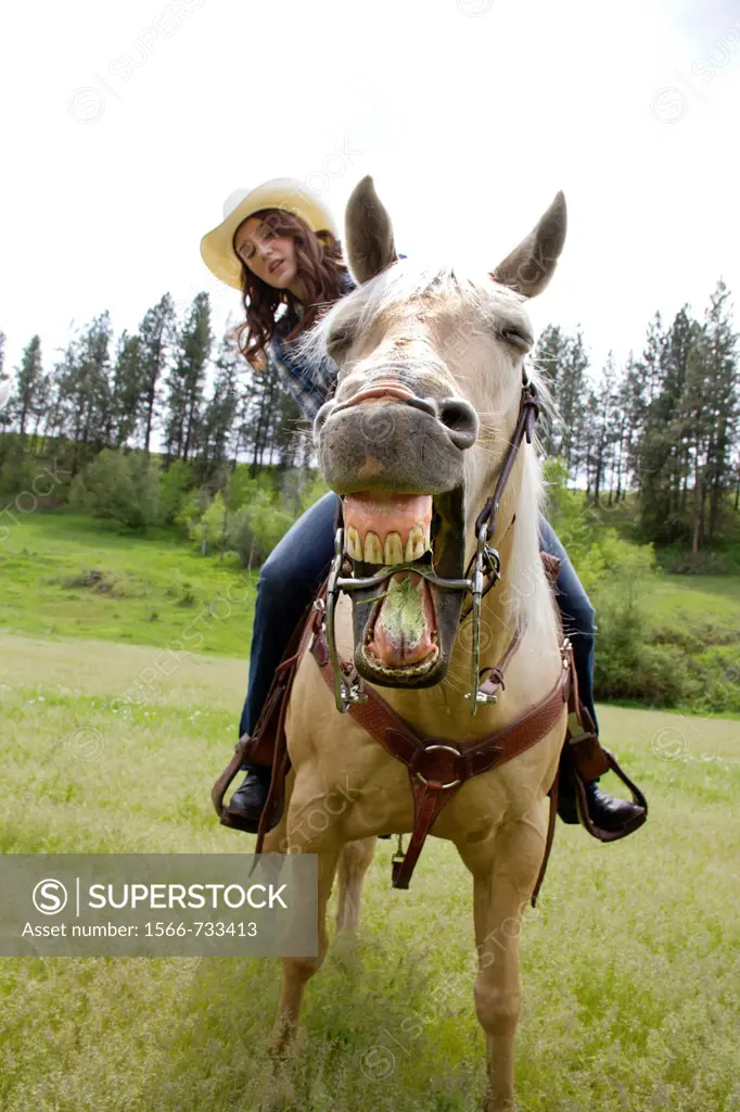 A teenaged girl riding a horse in Reardan, Washington, USA.