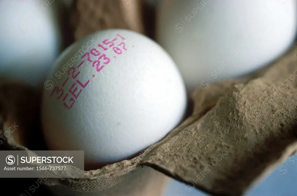 Egg white with pink-date stamp date of laying eggs in carton