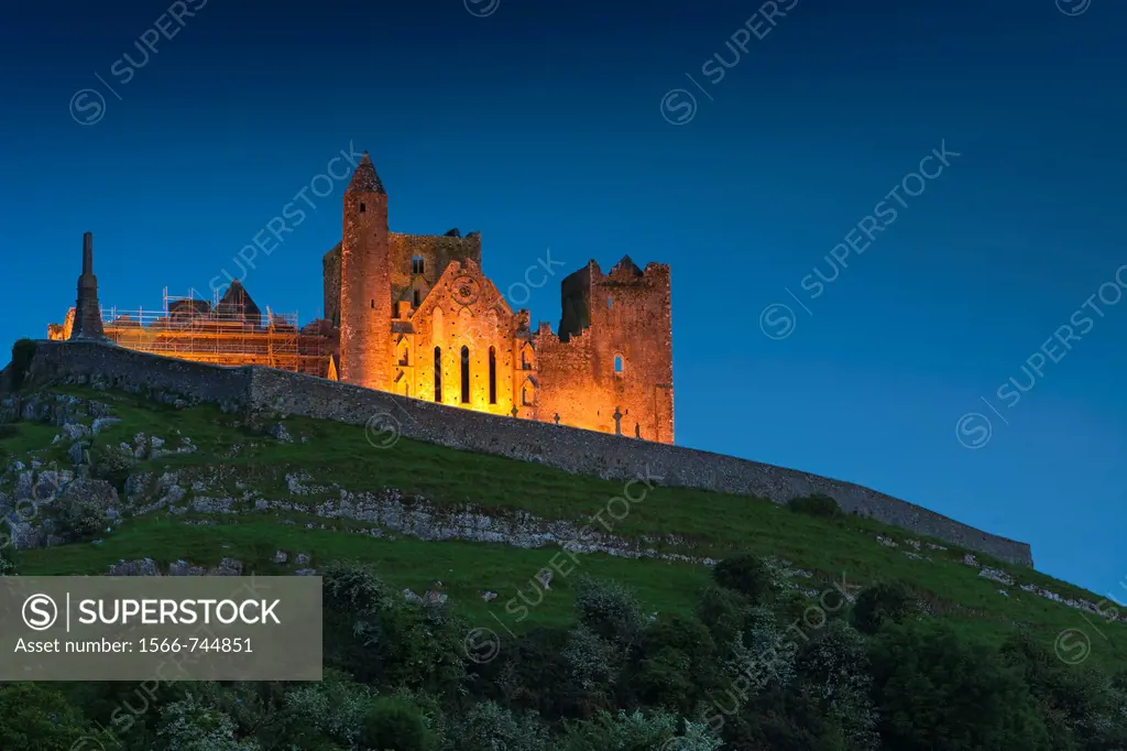 The illuminated Rock of Cashel, Cashel, County Tipperary, Ireland, Europe