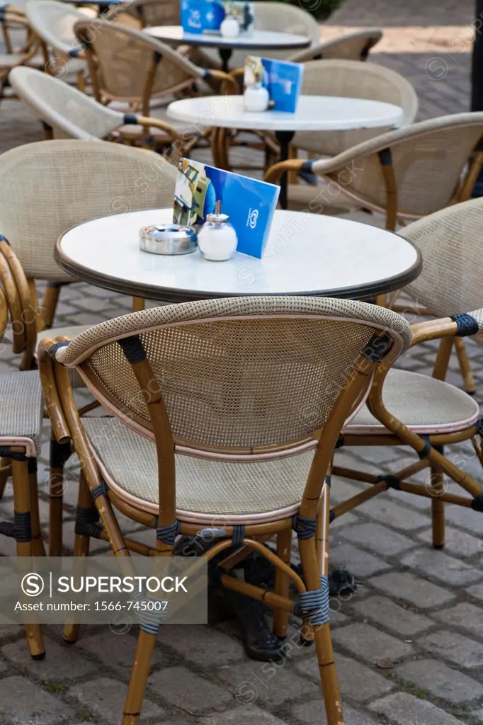 Deserted tables outside a restaurant in the rain, Bremen, Germany, Europe