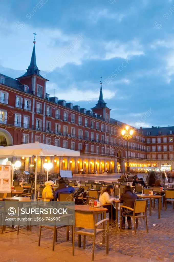 Terrace at Main Square, night view. Madrid, Spain.