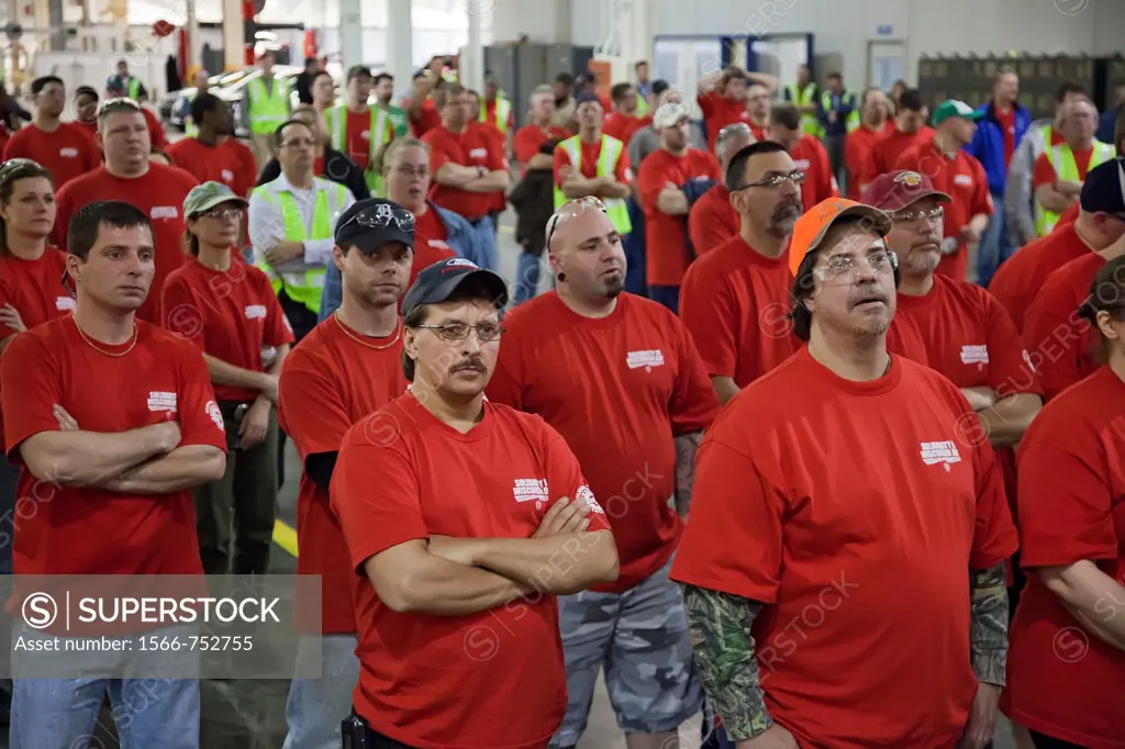Wayne, Michigan - Members of the United Auto Workers at Ford Motor Co ´s Michigan Assembly Plant wear red t-shirts in solidarity with public employees...