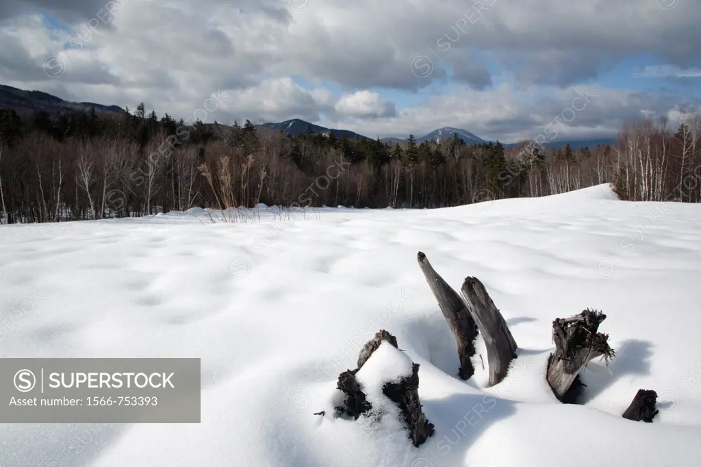 Mountain range from a sandpit along the Kancamagus Highway during the winter months in the White Mountains, New Hampshire USA  This area was part of t...