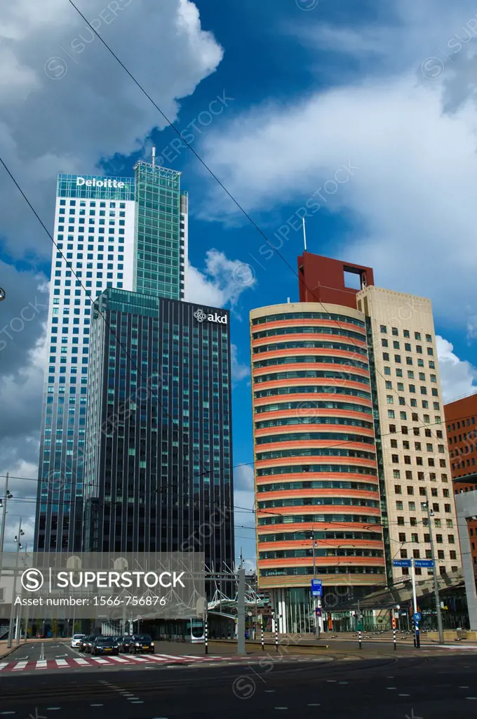 Maastoren and other high rise buildings at Wilhelminasplein square in Kop van Zuid district Rotterdam the Netherlands Europe