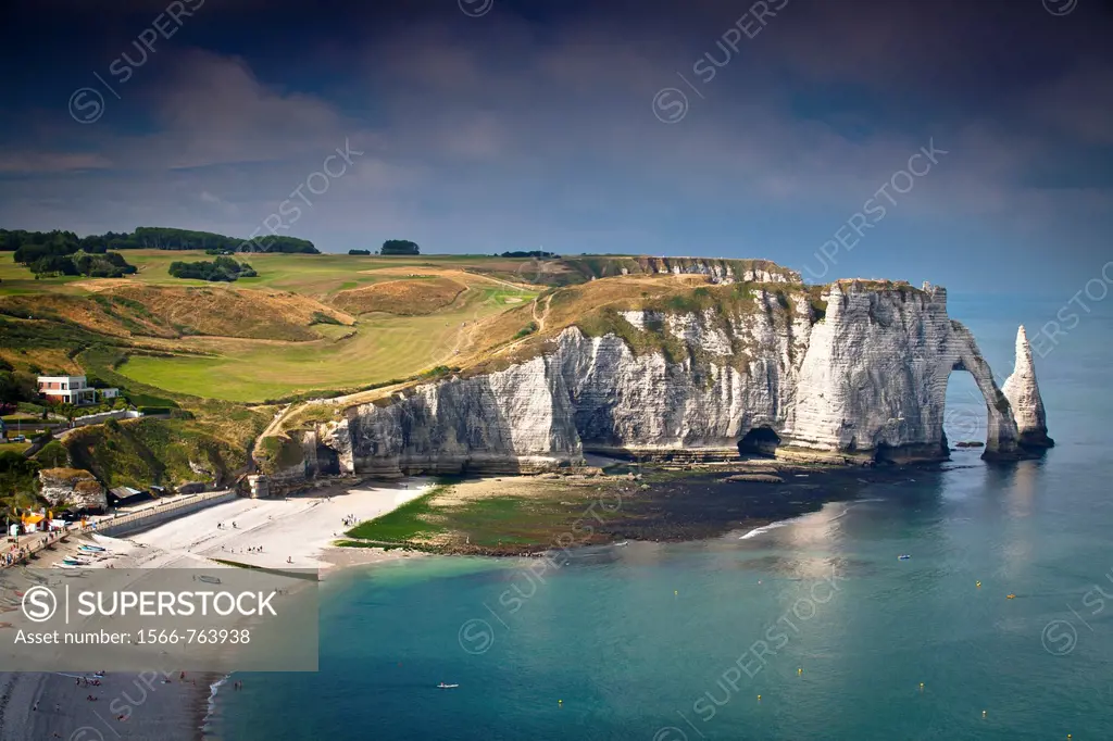 Cliffs, natural arch and stone beach  Etretat, Le Havre, Seine-Maritime, Normandy, France, Europe