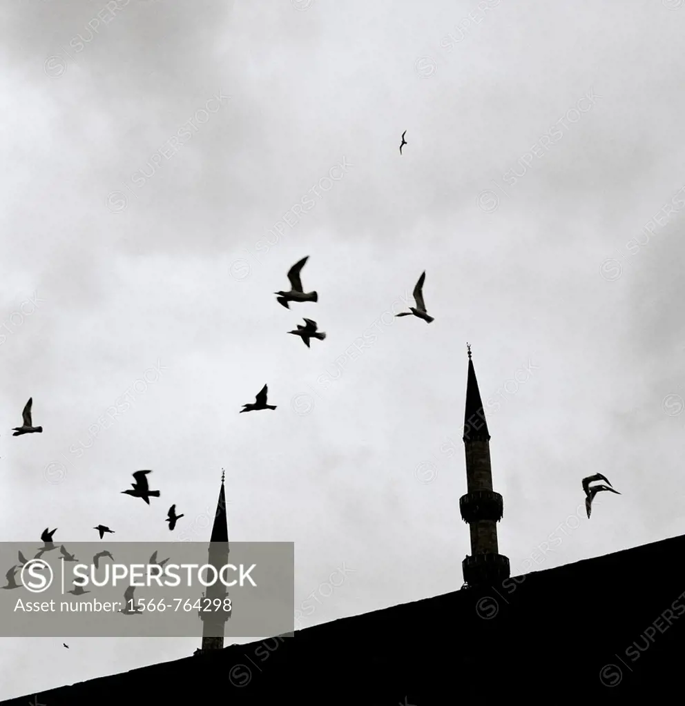 Silhouetted minarets in Istanbul in Turkey in Middle East.